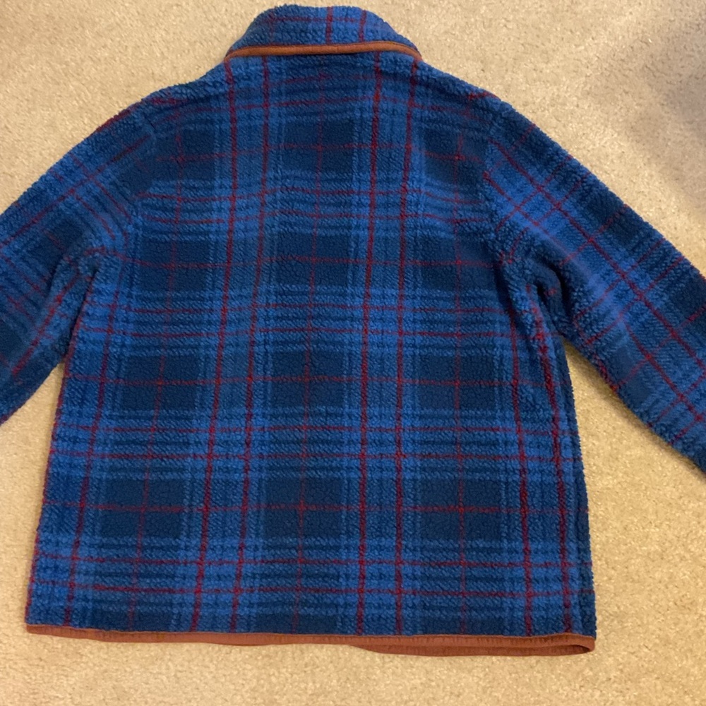 Orvis Blue Burgundy Plaid & Brown Trim Toggle 5 Button Down Fleece Jacket Blazer - Picture 12 of 15